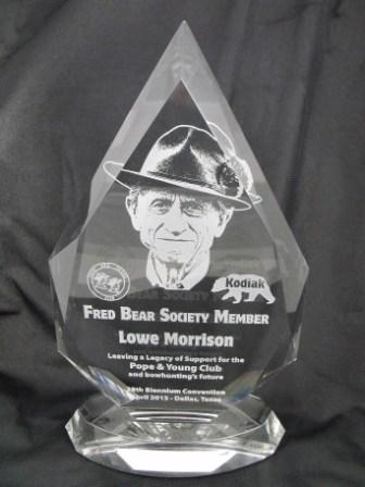 Fred Bear sand etched crystal award