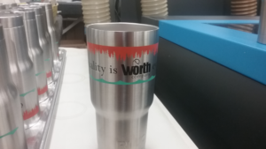 Rotary Silk Screened Yeti Tumbler. Printed by Accumark Inc, Hudson WI.